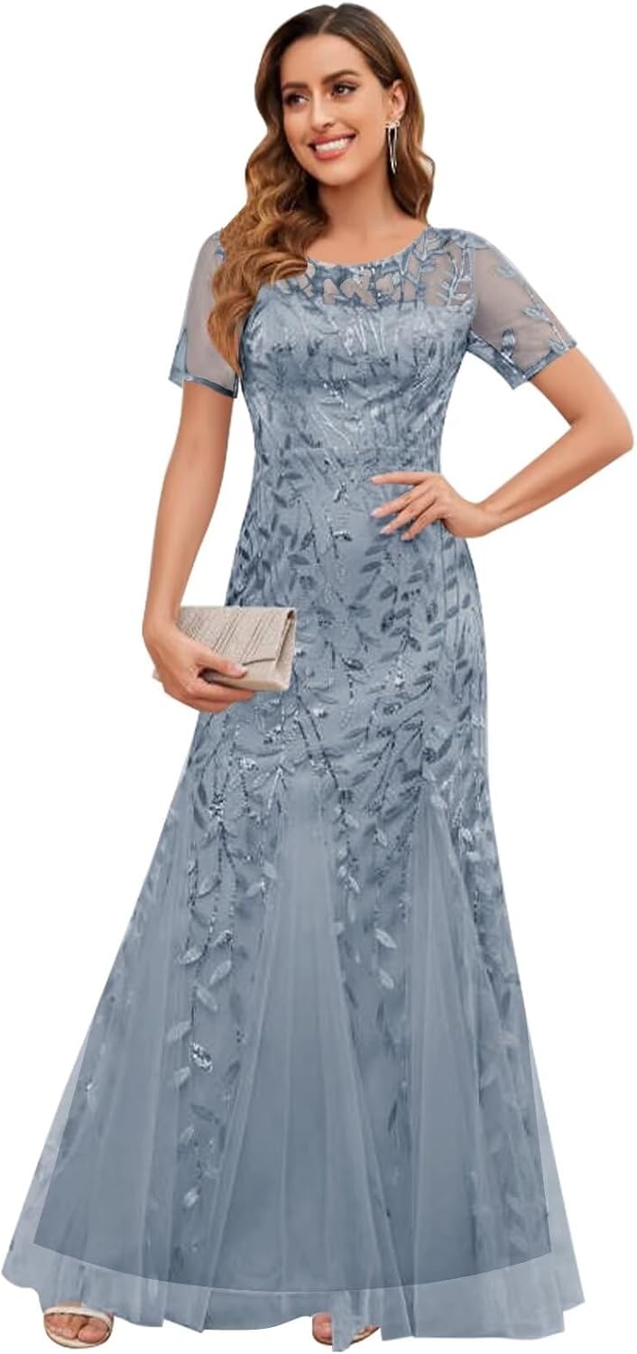 Sequin Mother of The Bride Dresses for Wedding Long Tulle Mermaid Formal Evening Gown with Sleeves