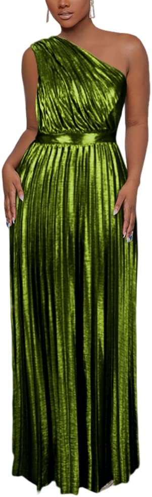 AOMEI Women's Luxury Metallic One Shoulder Sleeveless Elegant Pleated Long Dress