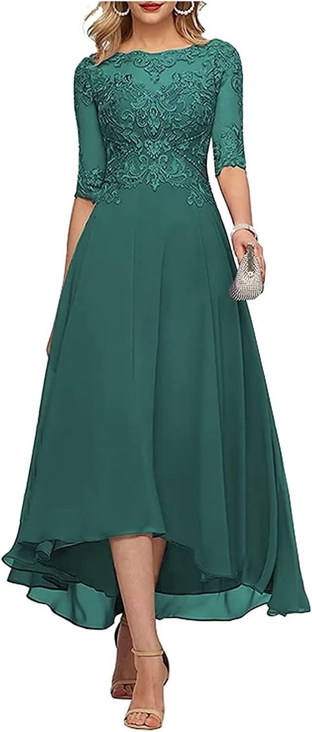 Lace Appliques Mother of The Bride Dress 3/4 Sleeves A line Tea Length Chiffon Formal Wedding Party Prom Gowns for Women