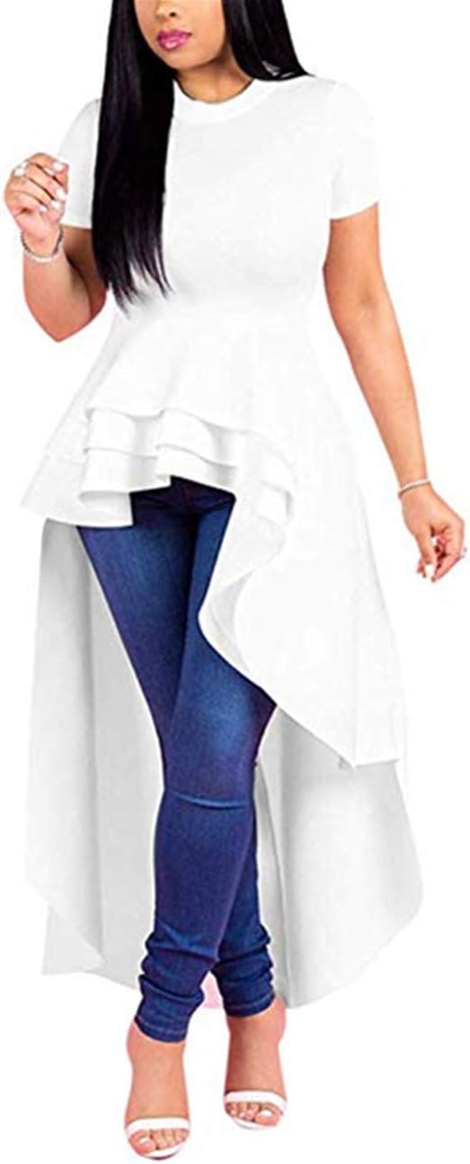 Lrady Womens Casual Shirt Dress High Low Irregular Ruffle Hem Blouse Asymmetrical Peplum Long Tunic Tops