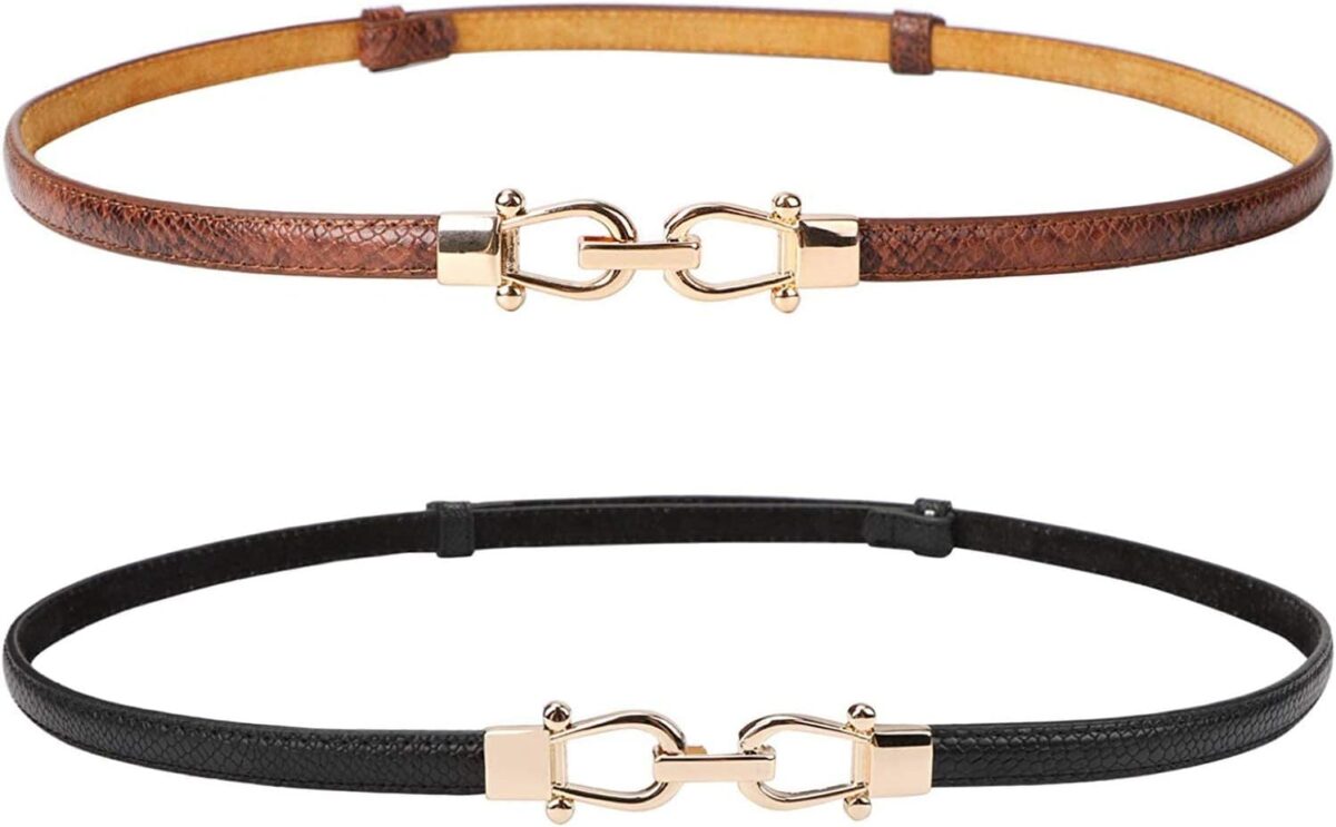 JASGOOD Leather Skinny Women Belt Thin Waist Belts for Dresses up to 37 Inches with Golden Buckle 2 Pack