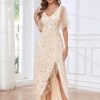 V Neck Sequin Mother of The Bride Dresses for Women Long Tulle Mermaid Formal Evening Dress with Sleeves - Image 3