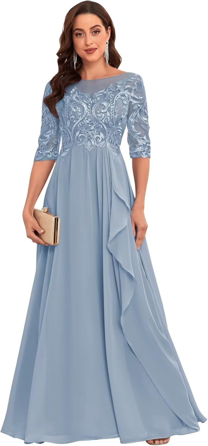 Chiffon Lace Mother of The Bride Dresses for Wedding Long Ruffles Formal Evening Gown with Sleeves