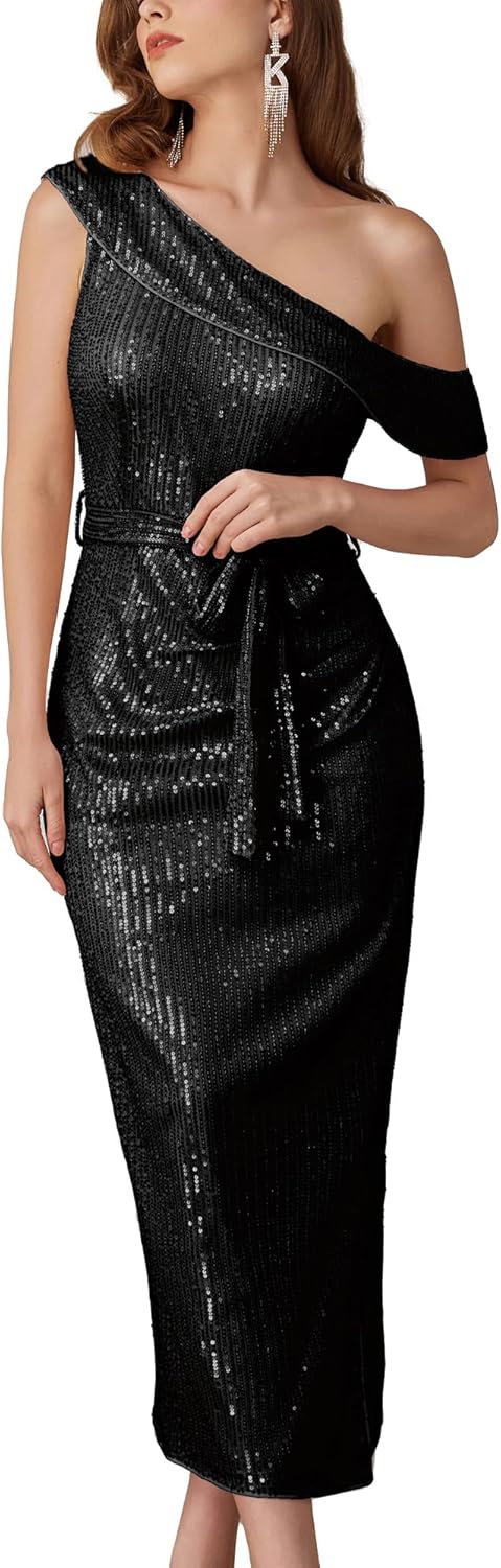 GRACE KARIN Womens Sequin Dress Sparkly One Shoulder Cocktail Dresses Formal Wedding Maxi Dress Elegant Evening Gown