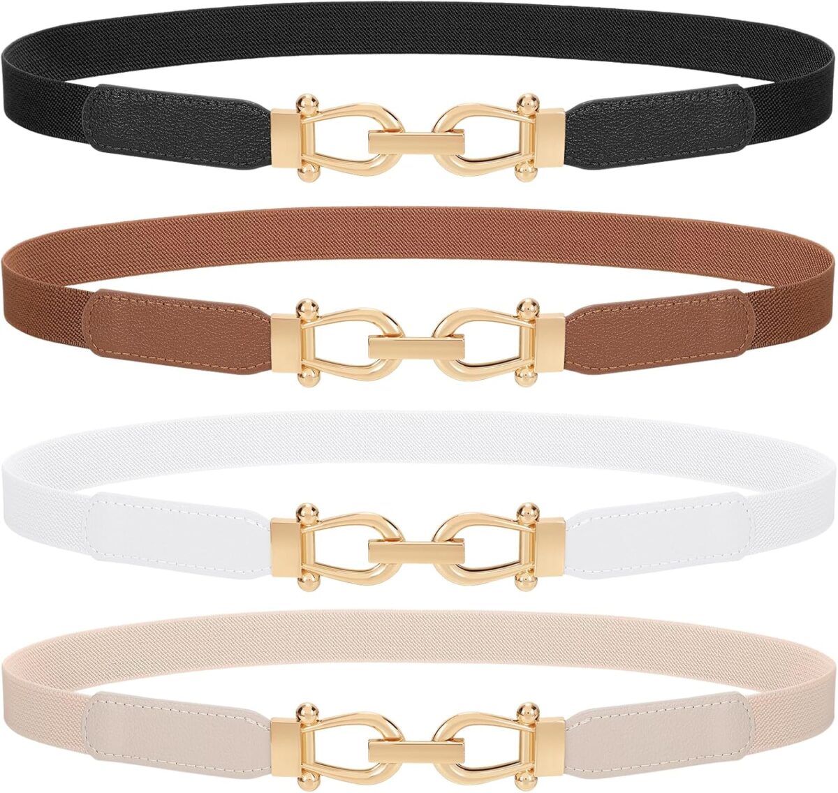 4 Pack Women's Elastic Skinny Belt Fashion Alloy Buckle Stretchy Thin Waist Belts for Dresses
