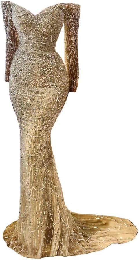 Datangep Luxury Bead Champagne Prom Dresses Off Shoulder Long Sleeves Mermaid Evening Dress Formal Party Gowns