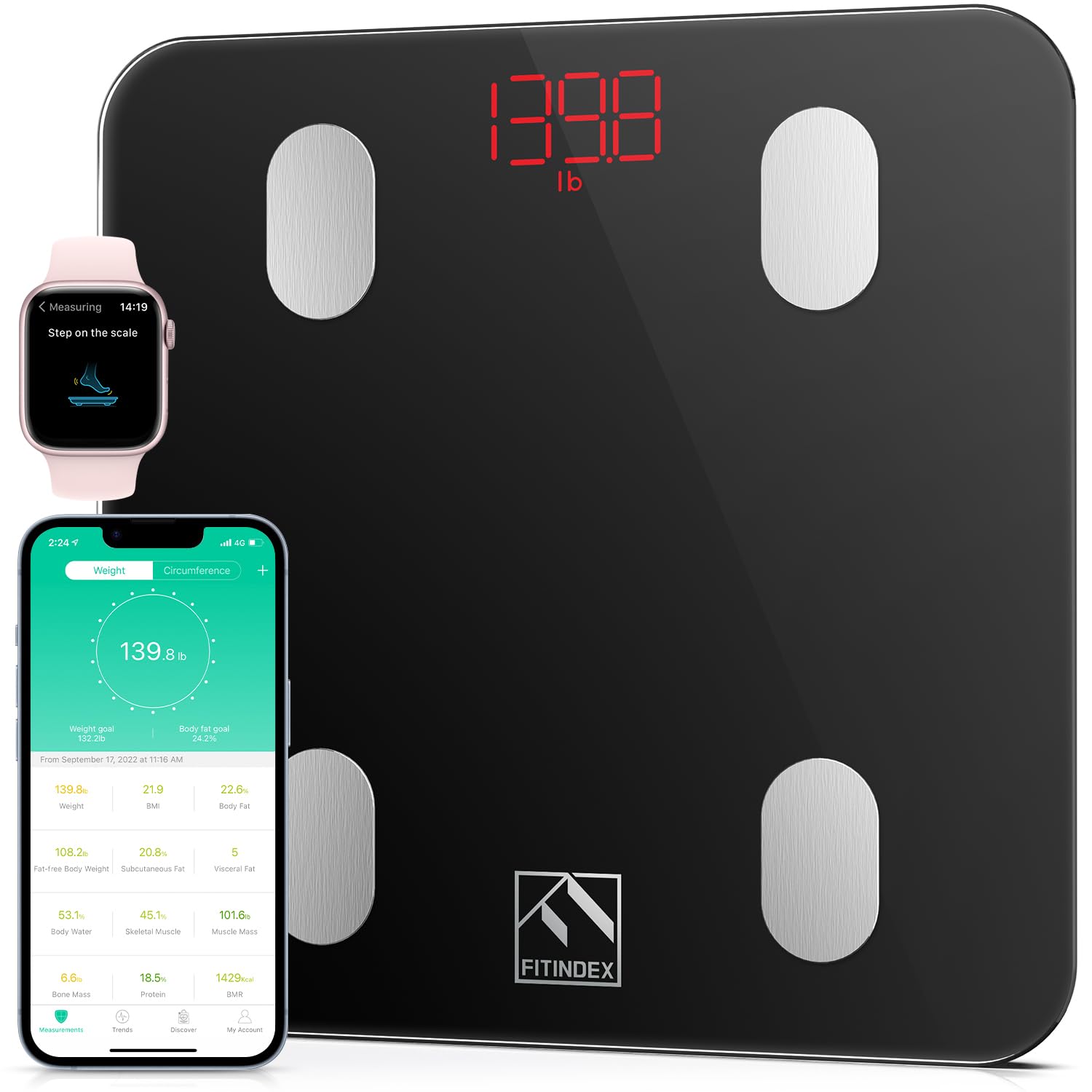 FITINDEX Digital Bathroom Scale, Accurate Scales for Body, BMI, Body Fat, Muscle Mass, 13 Body Composition Analyzer, Sync APP, Bluetooth Scale Measures Weight up to 400 lbs - Black
