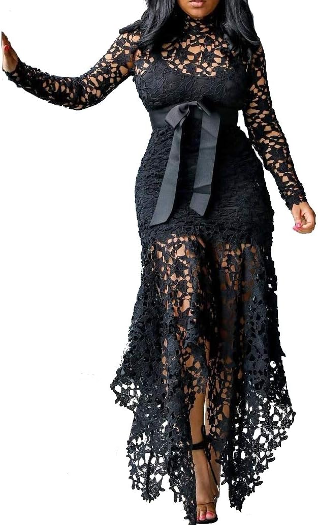 VERWIN Hollow Floor-Length Lace-Up Asymmetrical Women's Maxi Dress Sexy Lace Dress Party Evening Dress