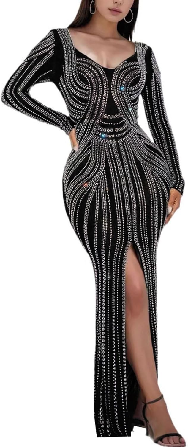 PORRCEY Women Sexy Elegant Rhinestone Mesh See Through Dress Hot Drilling Party Club Night Outfits
