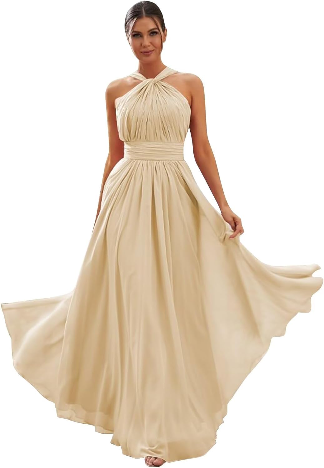 Halter Chiffon Bridesmaid Dresses for Women A Line Long Pleated Formal Gown Evening Dress