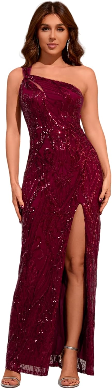 Women Elegant Evening Gowns, One Shoulder Sequin Formal Dresses, Red Slit Dress for Prom Weading