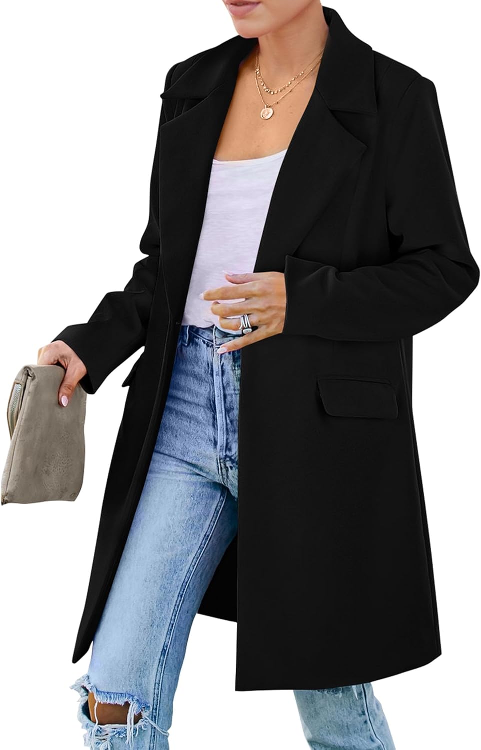 PRETTYGARDEN Women's 2025 Spring Long Blazer Jackets Long Sleeve Lapel Pockets Loose Fit Work Casual Blazers Outerwear