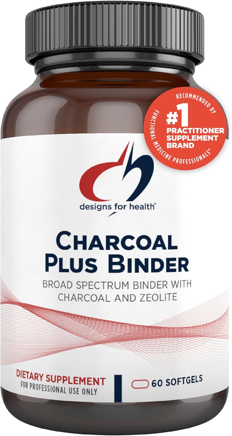 Designs for Health Charcoal Plus Binder - Zeolite Detox Process with Activated Charcoal, Organic Chlorella - Toxin Binder for Full Body, GI & Gut Detox Support (60 Softgels)