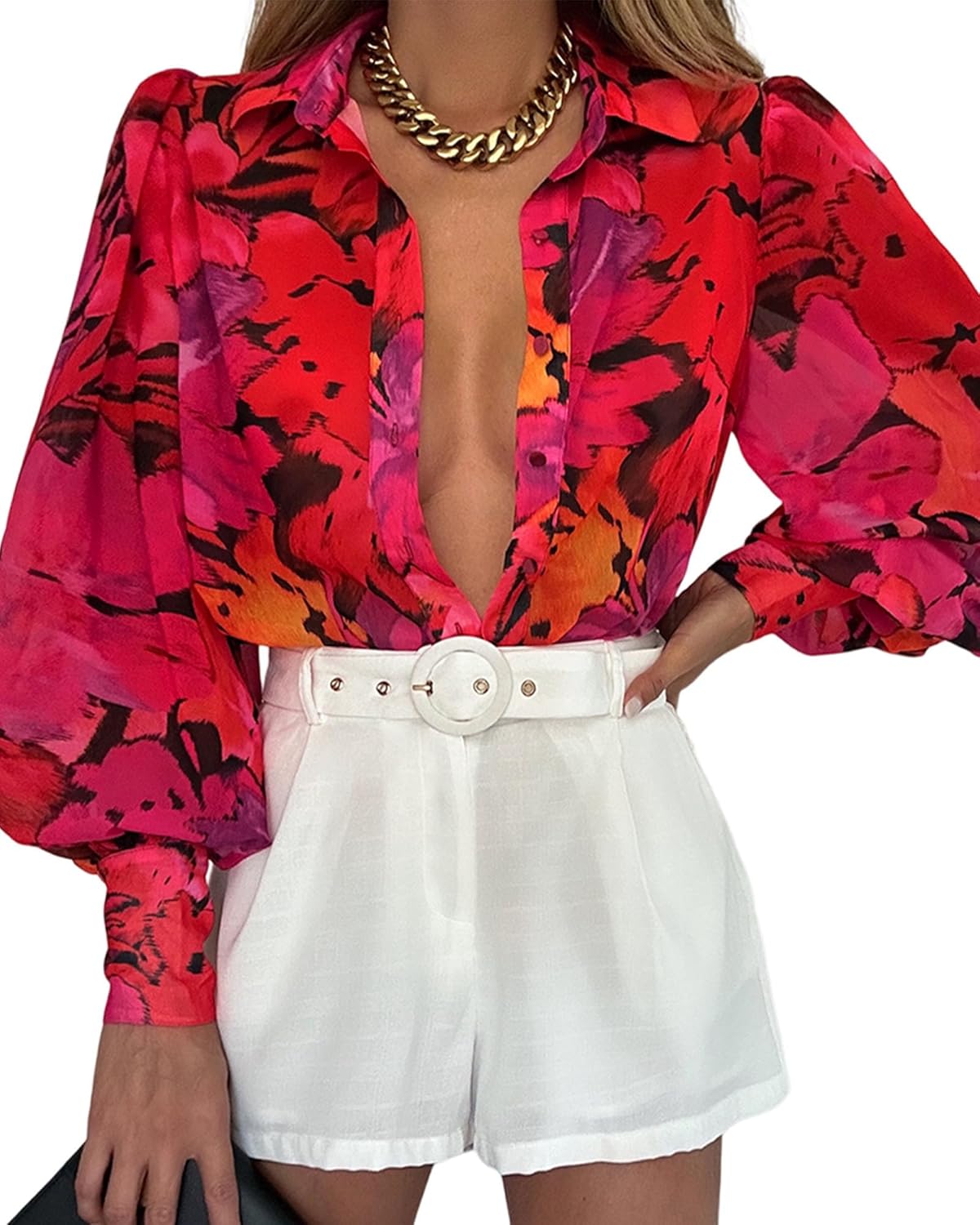 BTFBM Women Fashion Button Down Shirts Lapel V Neck Printed Solid Boho Long Sleeve Blouses Dressy Casual Summer Fall Top