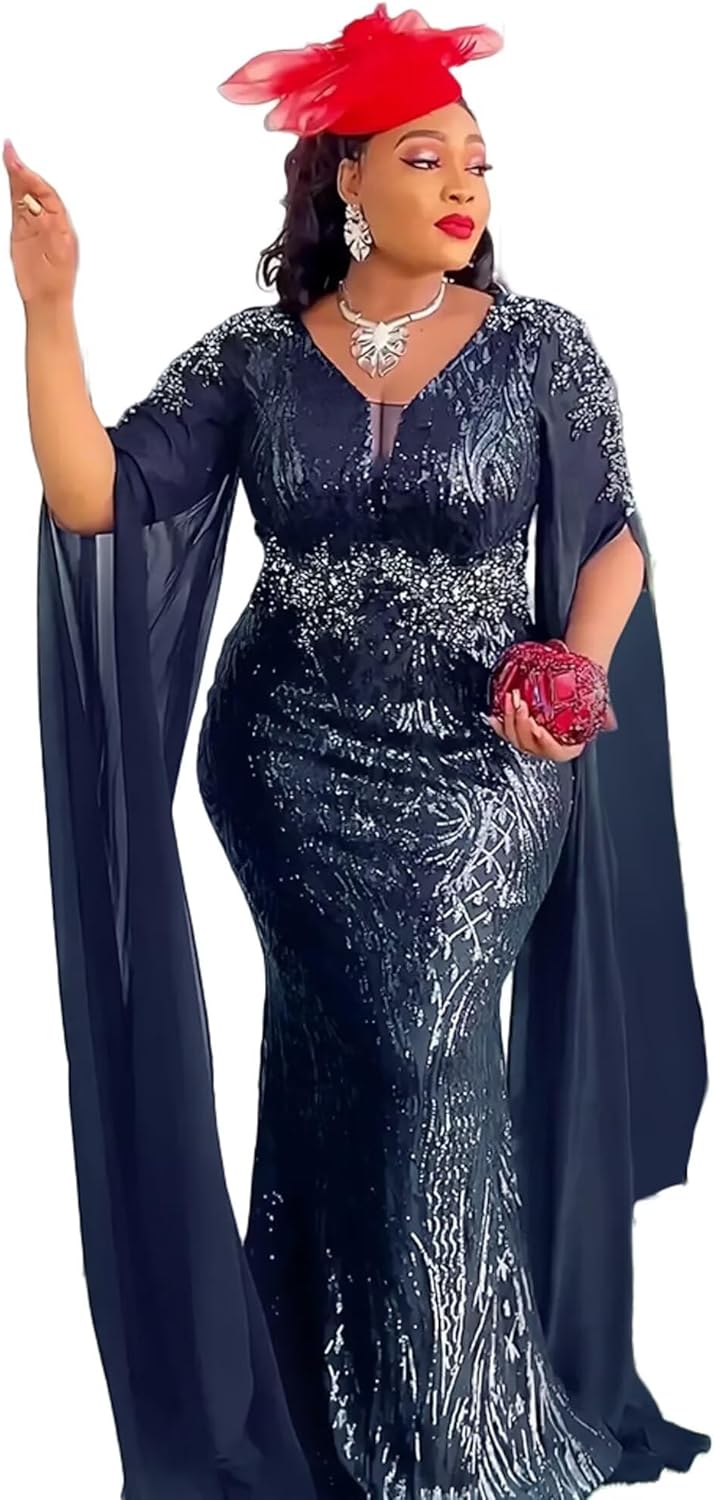 Sparkly Sequin Formal Evening Dress Wedding Guest with Sleeve Cape Luxury Plus Size Gala Party Gown for Curvy Women