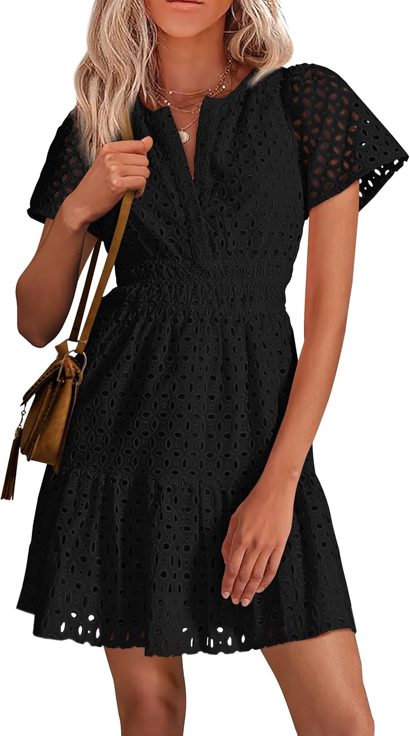 PRETTYGARDEN Womens 2025 Summer Short Dress V Neck Short Sleeve A Line Hollow Out Lace Ruffle Cute Casual Beach Party Dresses