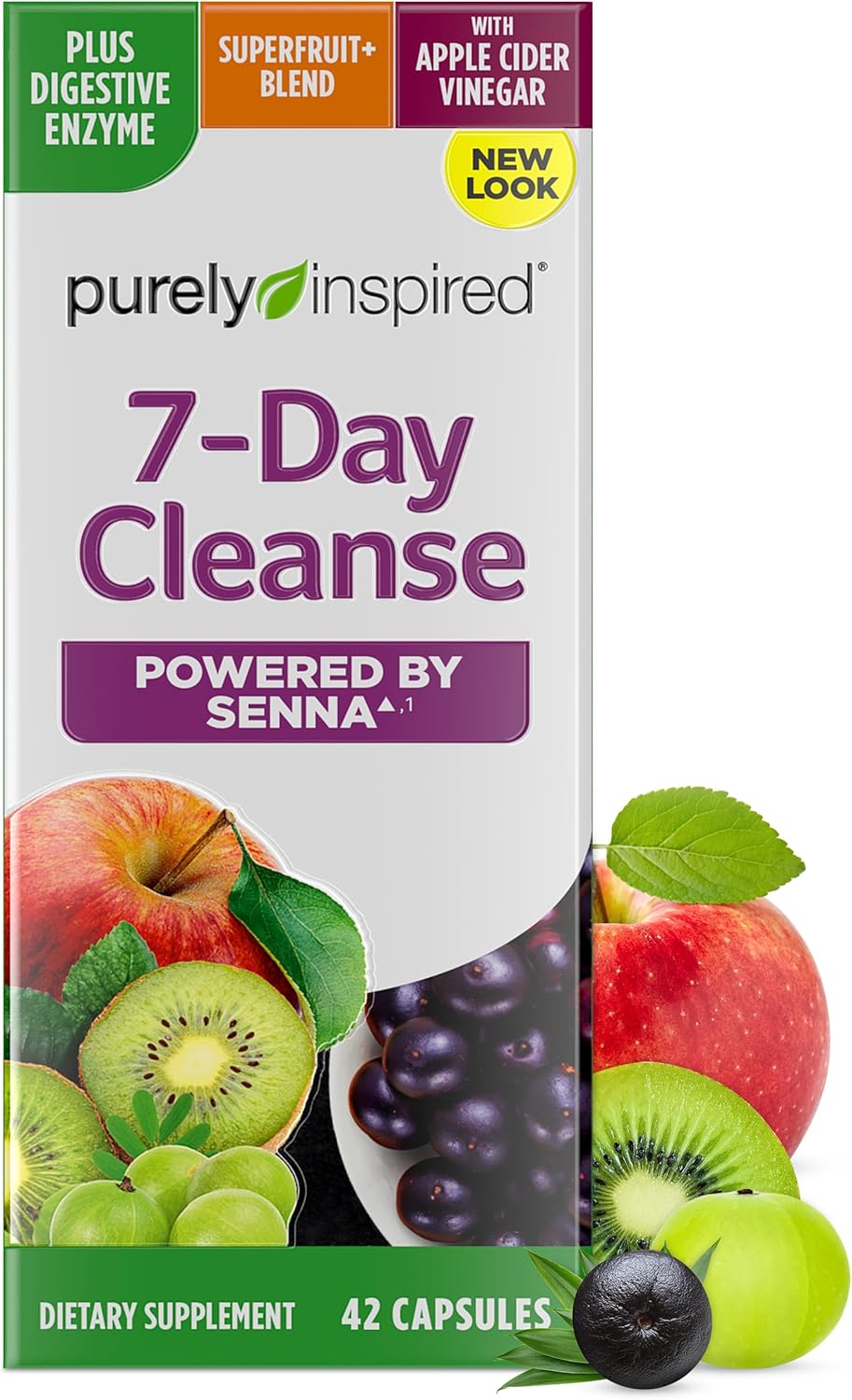Purely Inspired 7-Day Detox Cleanse - Whole Body Cleanse & Detox Pills for Women & Men, Powered with Senna Leaf, Vitamin C, Apple Cider Vinegar, Digestive Enzymes & Probiotics - 42 Acai Berry Capsules