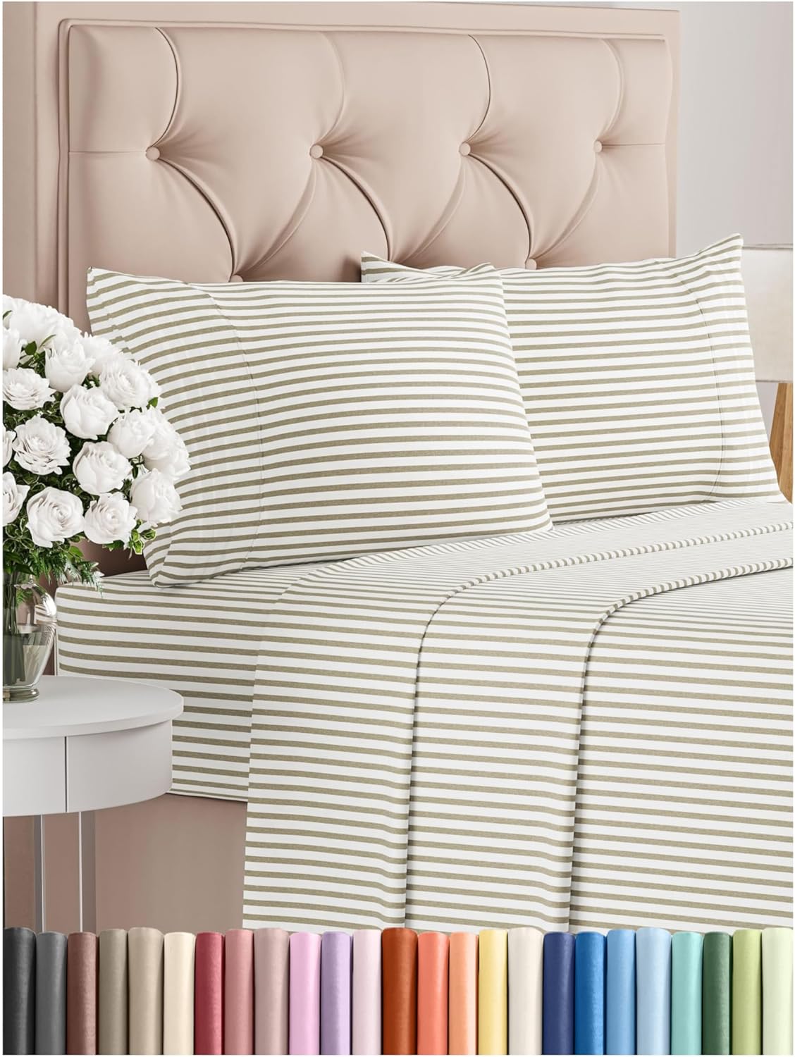 Queen Size 4 Piece Sheet Set - Comfy Breathable & Cooling Bed Sheets Set - Hotel Luxury Bedding for Women, Men, Kids & Teens - Deep Pockets, Easy-Fit, Soft & Wrinkle Free - Oeko-Tex - Beige Stripes
