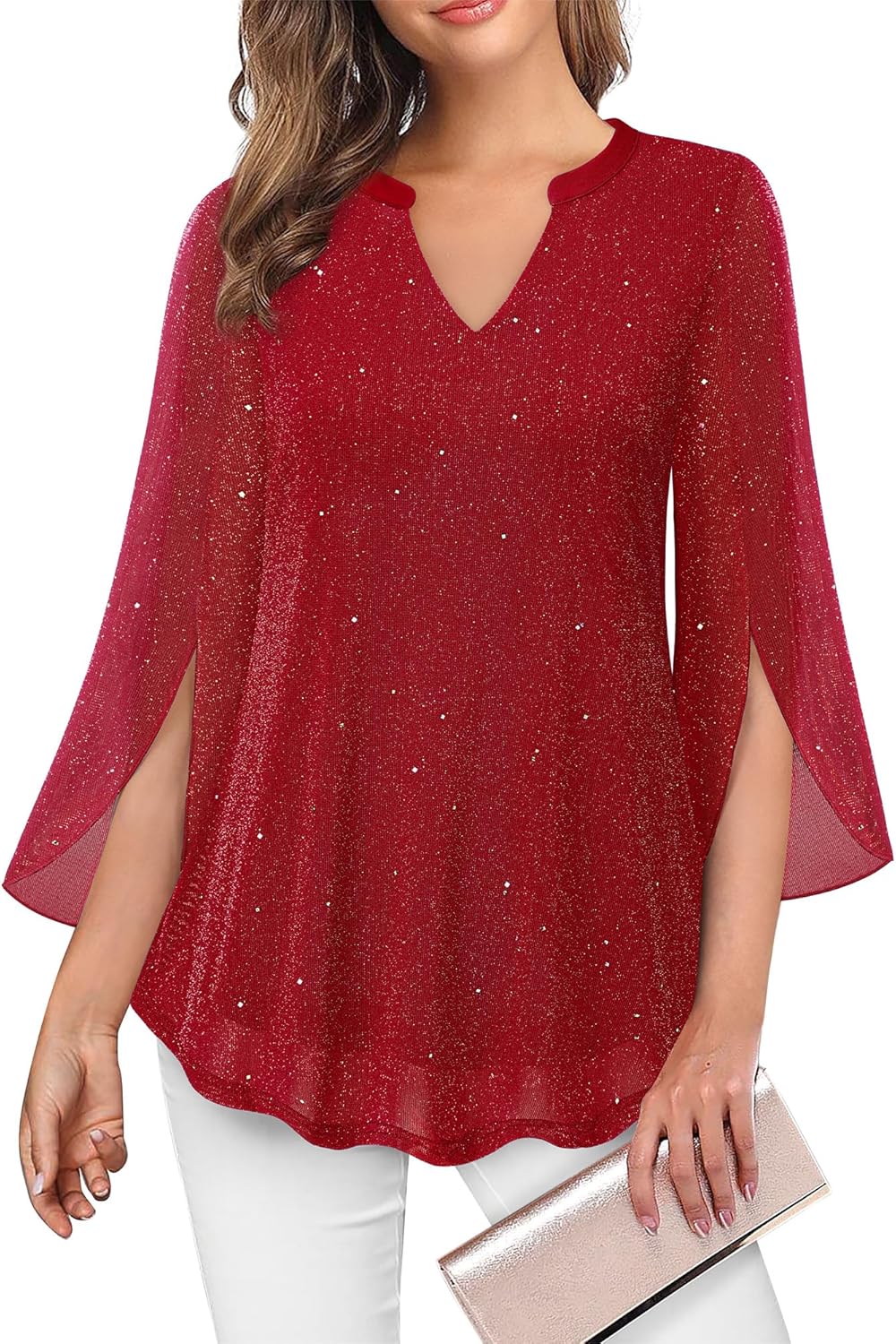 VALOLIA Women's 3/4 Sleeve Floral Tunic Tops V Neck Double Layers Loose Fit Mesh Blouses Shirt
