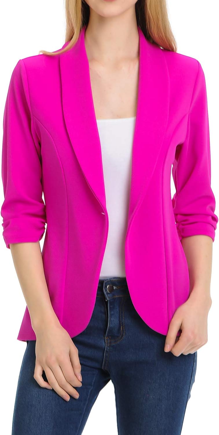 Women's 3/4 Ruched Sleeve Lightweight Work Office Blazer Jacket (S-3XL)