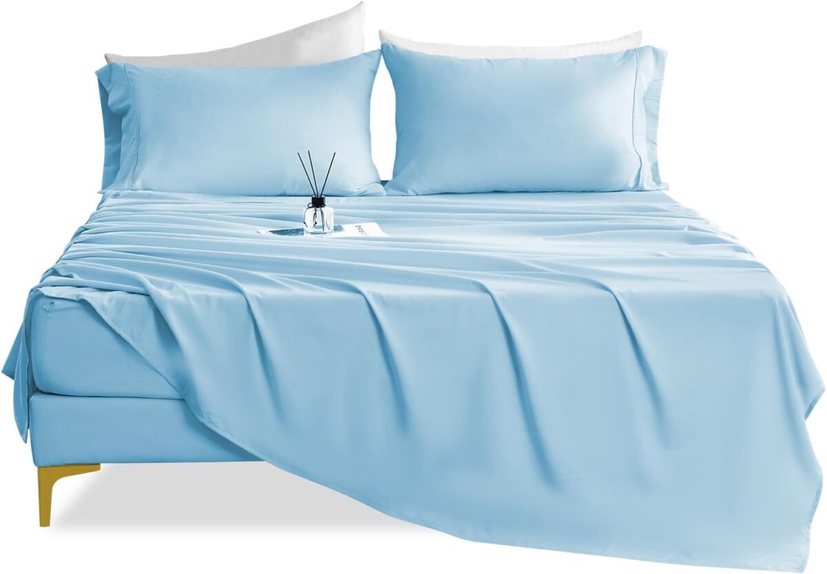 Breathable Ultra Soft Full Sheet Set - Hotel Luxury 4 Piece Deep Pocket Sheets for Full Size Bed, Fits 16" Mattress, Easy Care Wrinkle Free Bedding Sheet and Pillowcase Set, Sky Blue