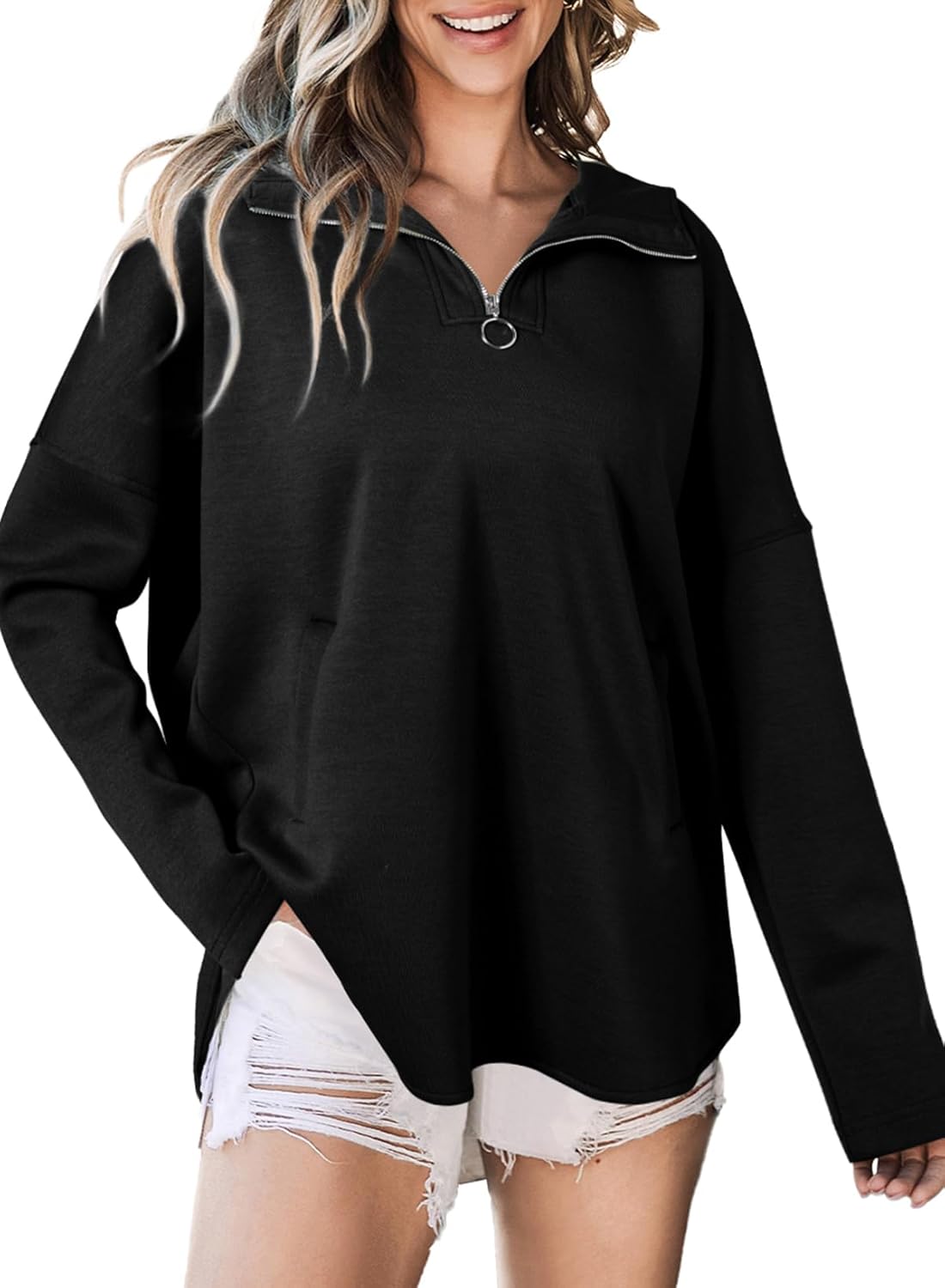 EVALESS Women's Oversized Hoodies Casual Long Sleeve Half Zipper Pocket Sweatshirt Pullover Tops