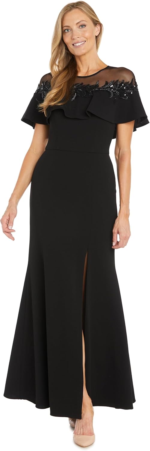 R&M Richards Long Stretch Dress W/Illusion Neckline Beaded Applique & Front Slit