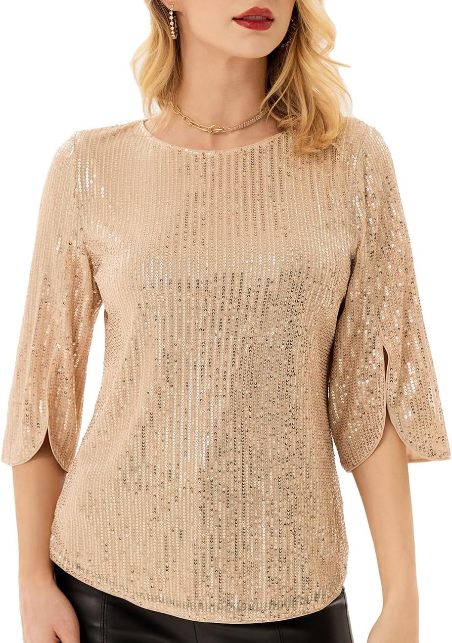 Women's Sparkle Sequin Party Blouse Tops Shimmer Glitter 3/4 Slit Sleeve Dressy Tops