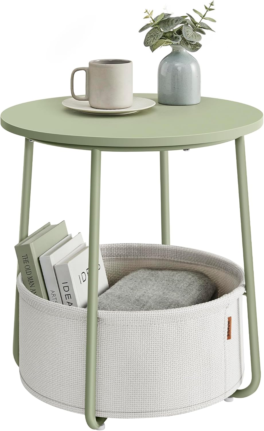 VASAGLE End Table, Small Bedside Table with Fabric Basket, Modern Nightstand, Round Side Table, for Living Room, Bedroom, Laurel Green and Cream White ULET223C69