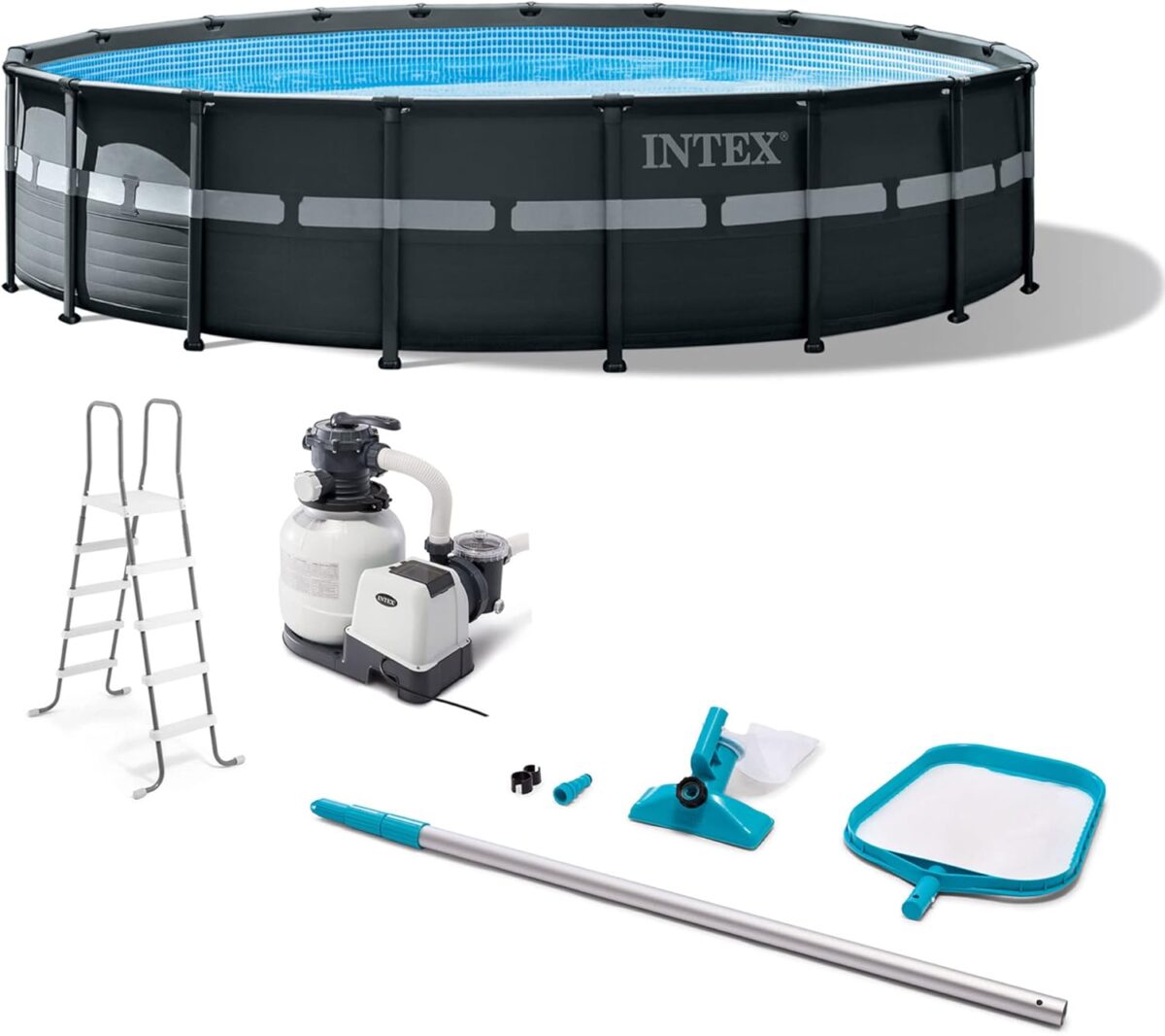 Intex Ultra XTR Frame 18' x 52" Above Ground Swimming Pool with Sand Filter Pump, Ladder, Cover, & Maintenance Accessory Kit with Vacuum and Skimmer
