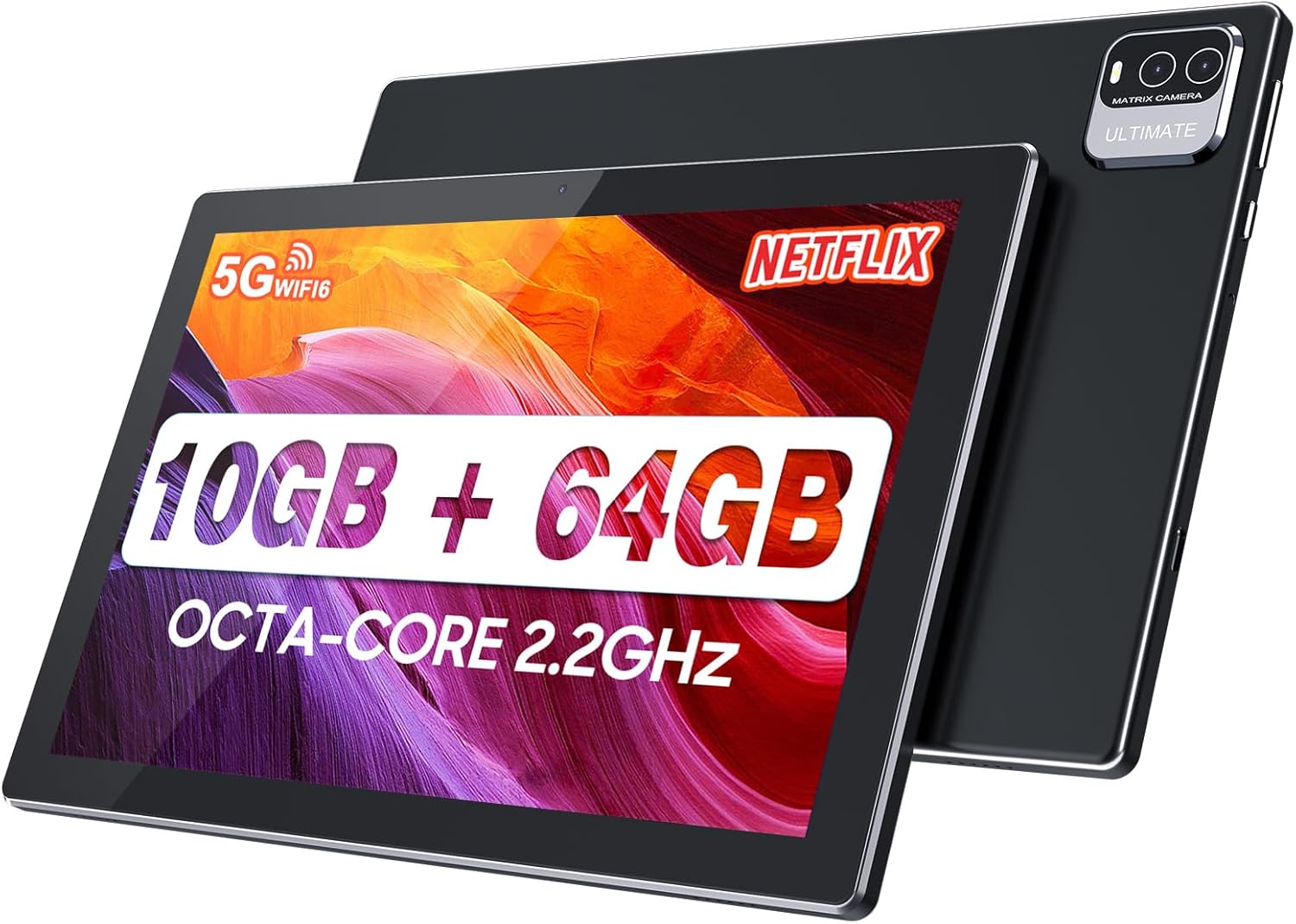 YQSAVIOR 10.1 inch Android 13 Tablet, 10GB RAM+64GB ROM+1TB Expandable Computer Tablets PC, MTK8768 Octa-CORE 2.2GHZ, IPS 1280 * 800 Screen, 2+8MP Dual Camera, WiFi, BT, Black