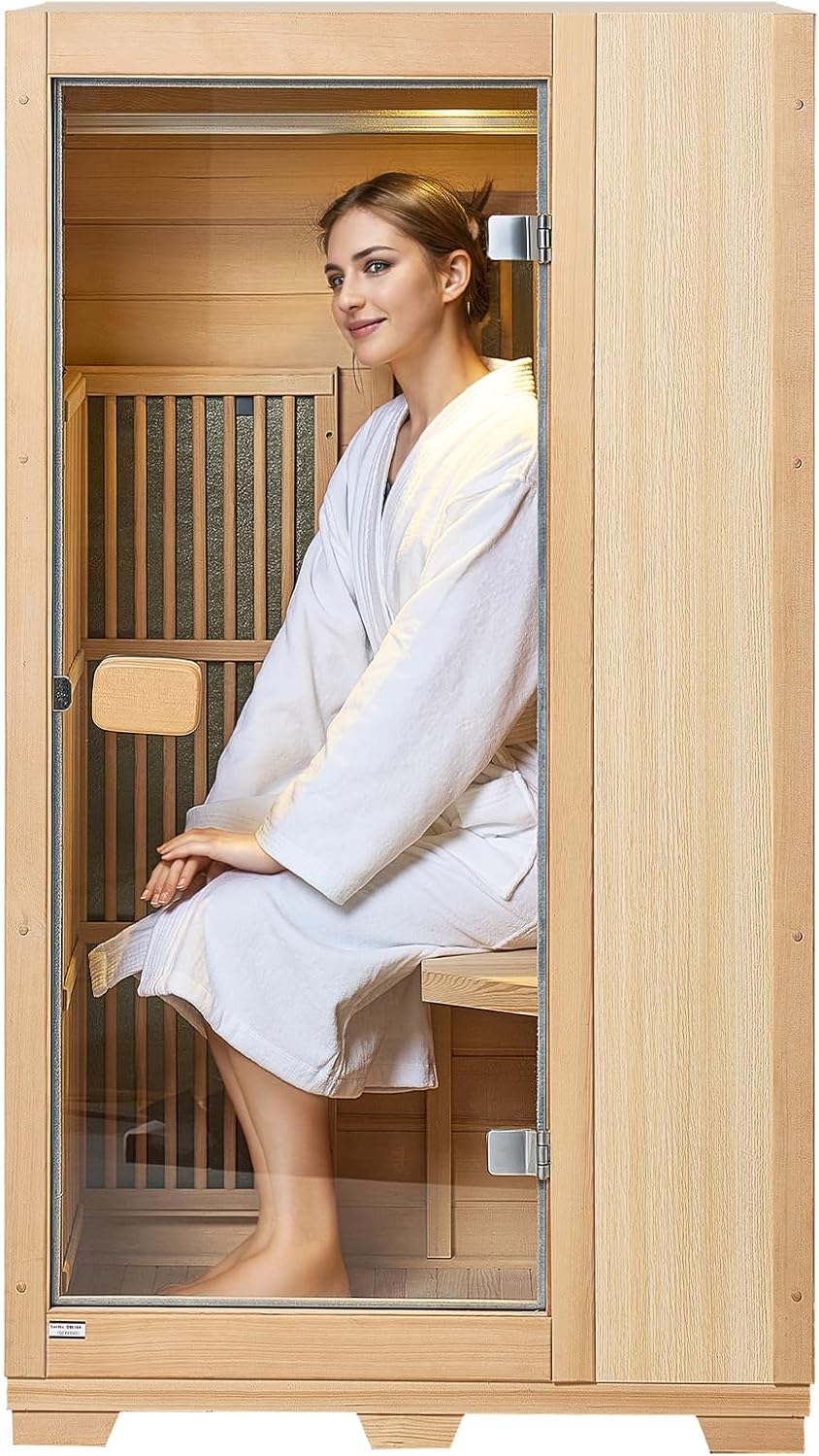 VEVOR Far Infrared Wooden Sauna, Room Home Sauna Spa for One Person, 1140W Low EMF Far Infrared Hemlock Wood Sauna with Tempered Glass Door & LED Reading Lamp & Bluetooth Speakers, 35 * 29 * 64 Inch