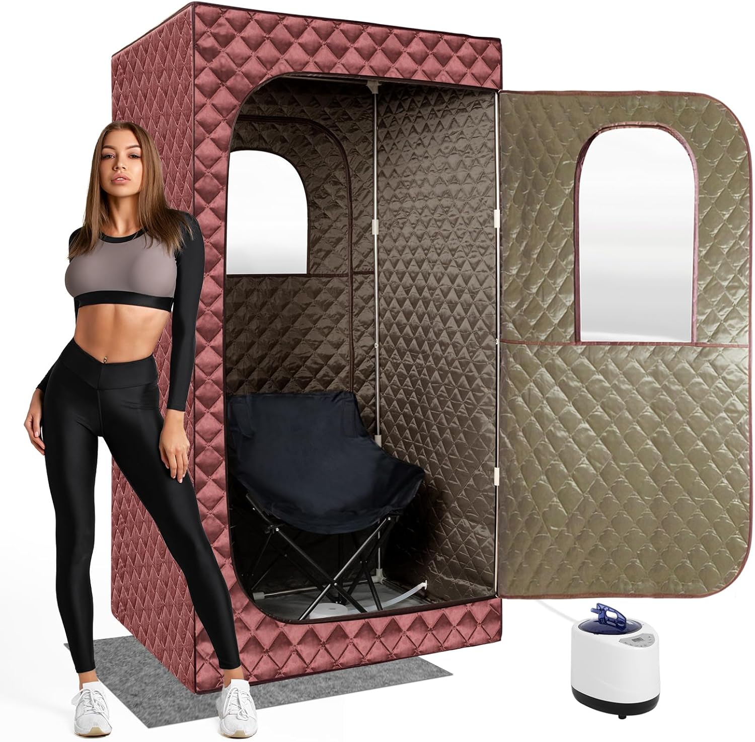 Portable Steam Sauna for Home Spa, Full Size Personal Sauna for Relaxation at Home, Sauna Tent Sauna Box with 3L Steamer, Remote Control, Large Size Folding Chair (Brown)