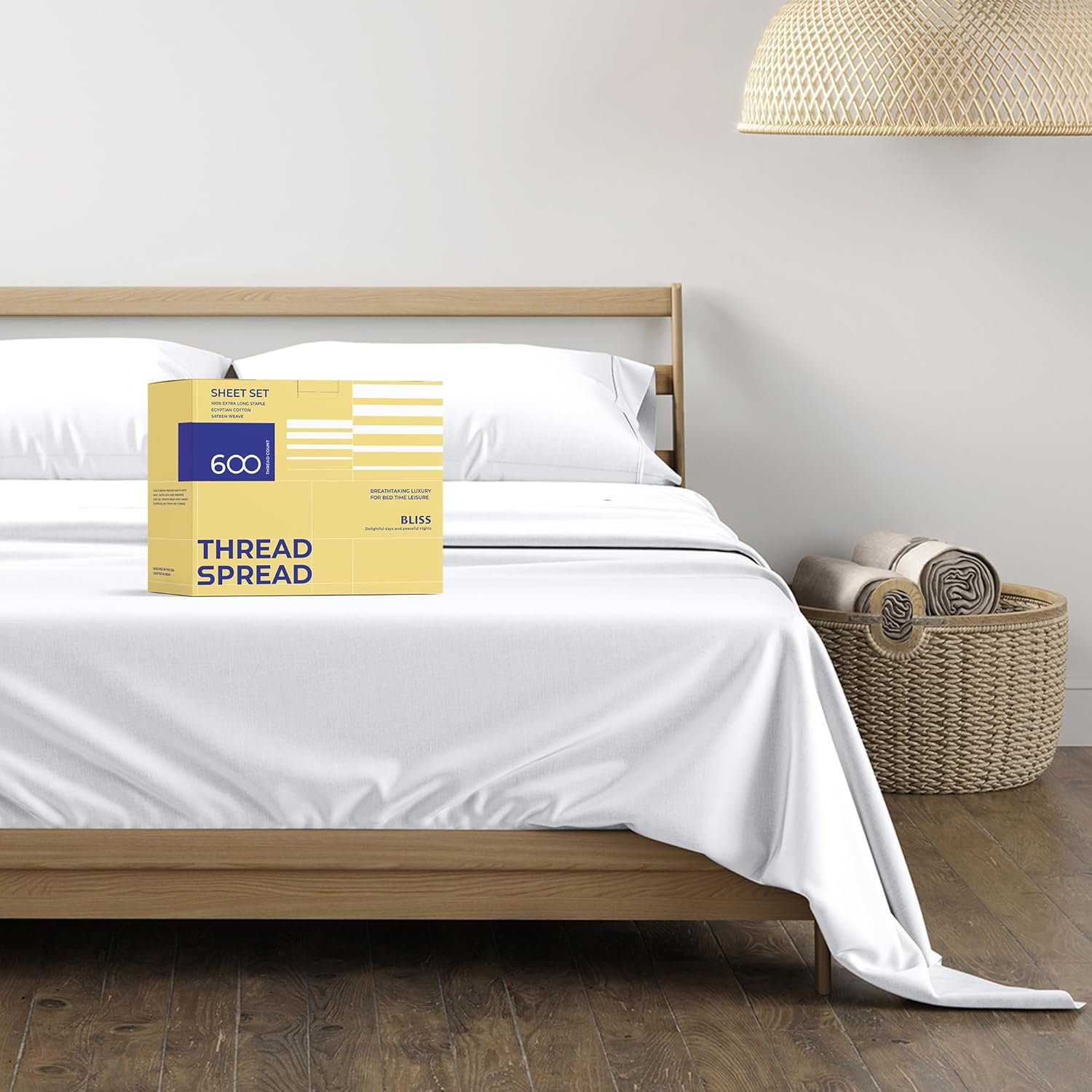 THREAD SPREAD 100% Egyptian Cotton Sheets Queen Size - 600 Thread Count Sheet Set Queen, 4 PC White Luxury Sheets Queen Size, Extra Soft, Cooling Sateen Weave Deep Pocket Sheet, Fits Mattress upto 18"