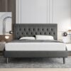 Allewie Queen Size Button Tufted/Fabric Upholstered Bed Frame with Adjustable Headboard/Wood Slat Support/Mattress Foundation/Dark Grey - Image 3