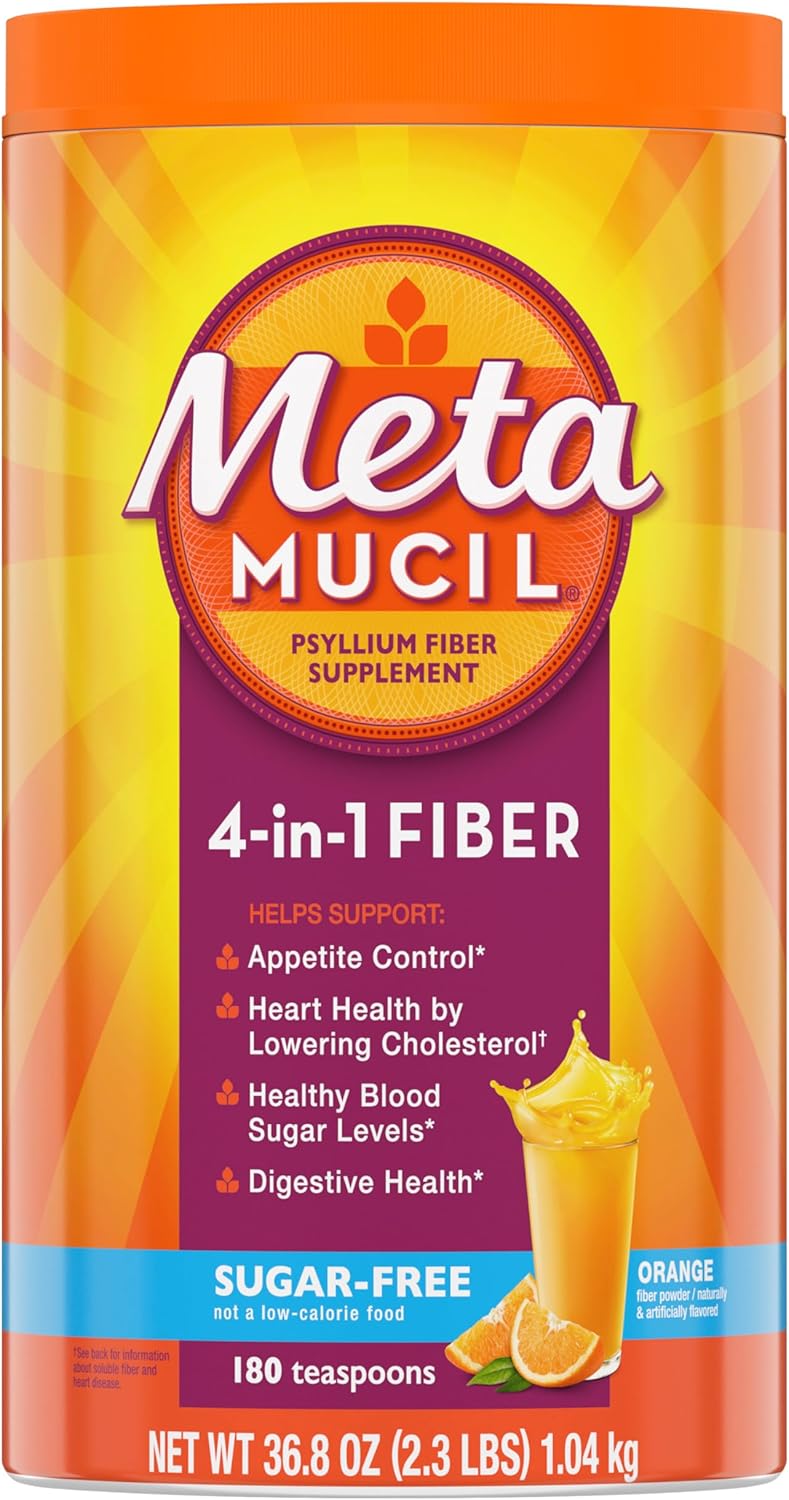 Metamucil 4 in 1 Daily Fiber Supplement Powder, Fiber Powder for Digestive Health and Regularity*, Sugar-Free, Orange, Naturally Sourced Psyllium Fiber, 180 teaspoons