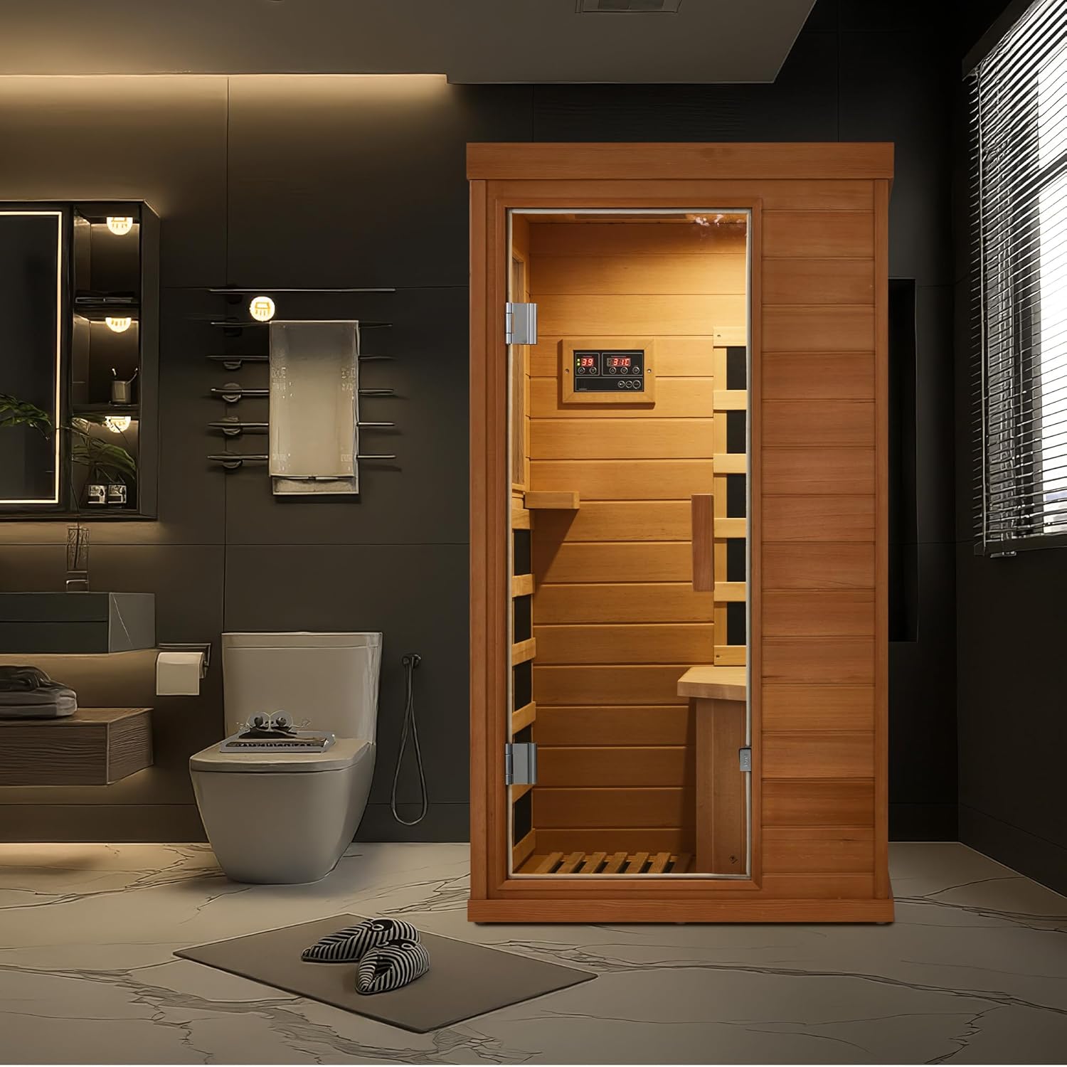 1 Personal Infrared Sauna, Mini Infrared Sauna for Home, Indoor Dry Sauna with 4 Heater Panels, Bluetooth and Tempered Glass,Canadian Hemlock