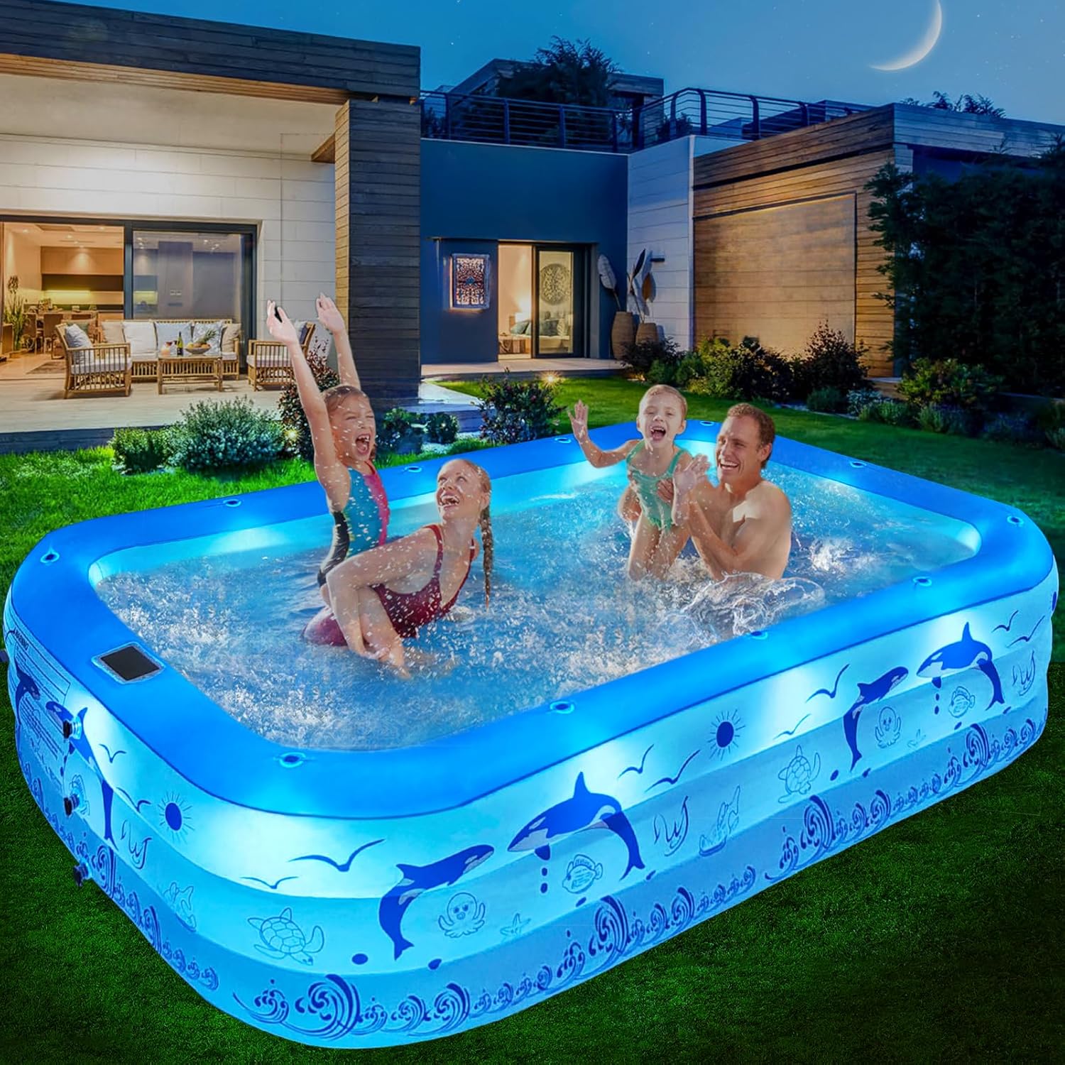 Inflatable Pool with Lights,Upgraded Family Inflatable Swimming Pool for Kids,Adults, Blowup Pool Solar Powered,Large Kiddle Pool,106"x66"x26''Oversized Thickened Pool for Backyard-Blue