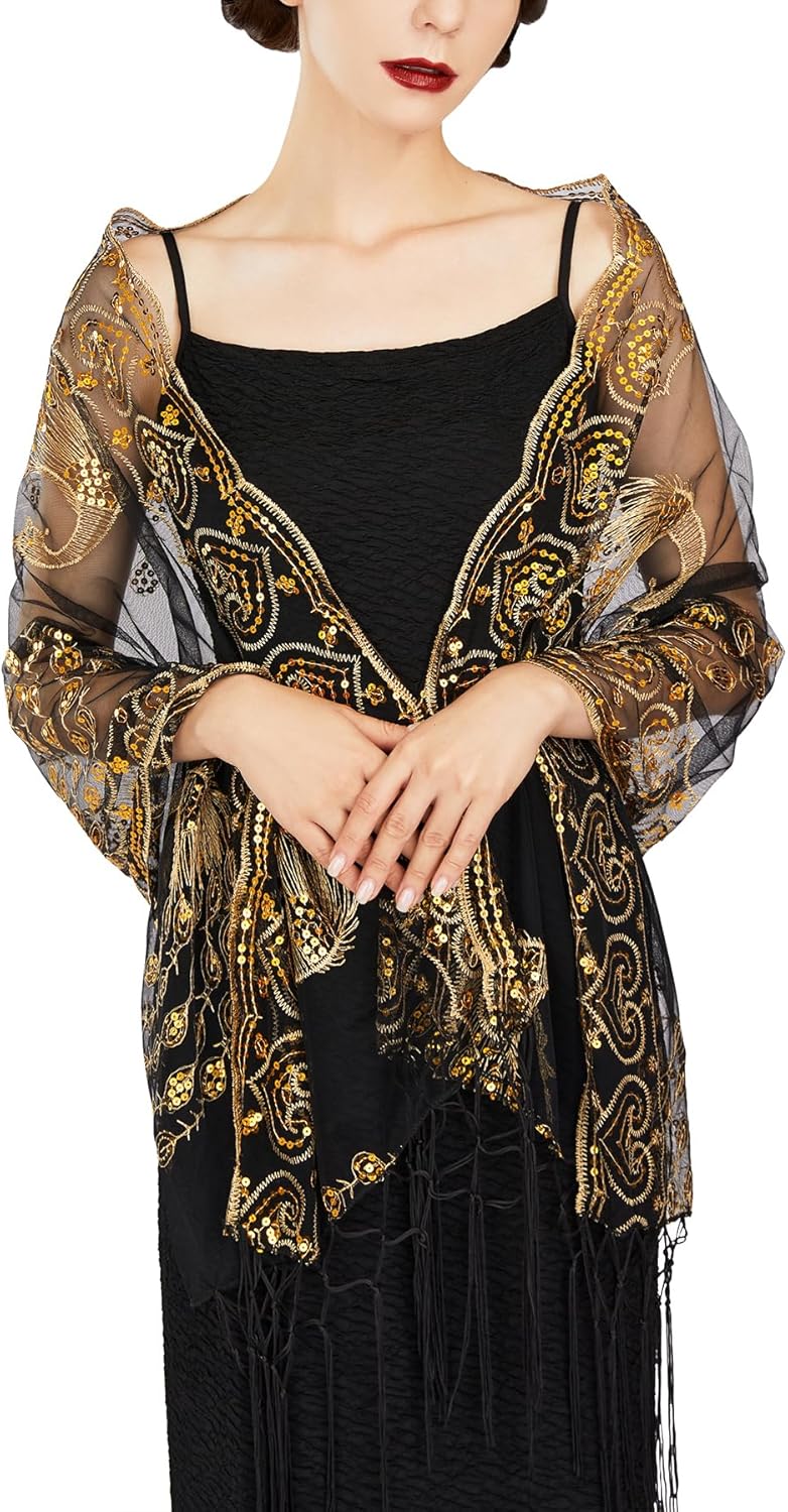 SWEETV Women's 1920s Long Shawl Wraps,Sequin Flapper Evening Shawls for women formal/Party/Wedding/Formal/Harlem night