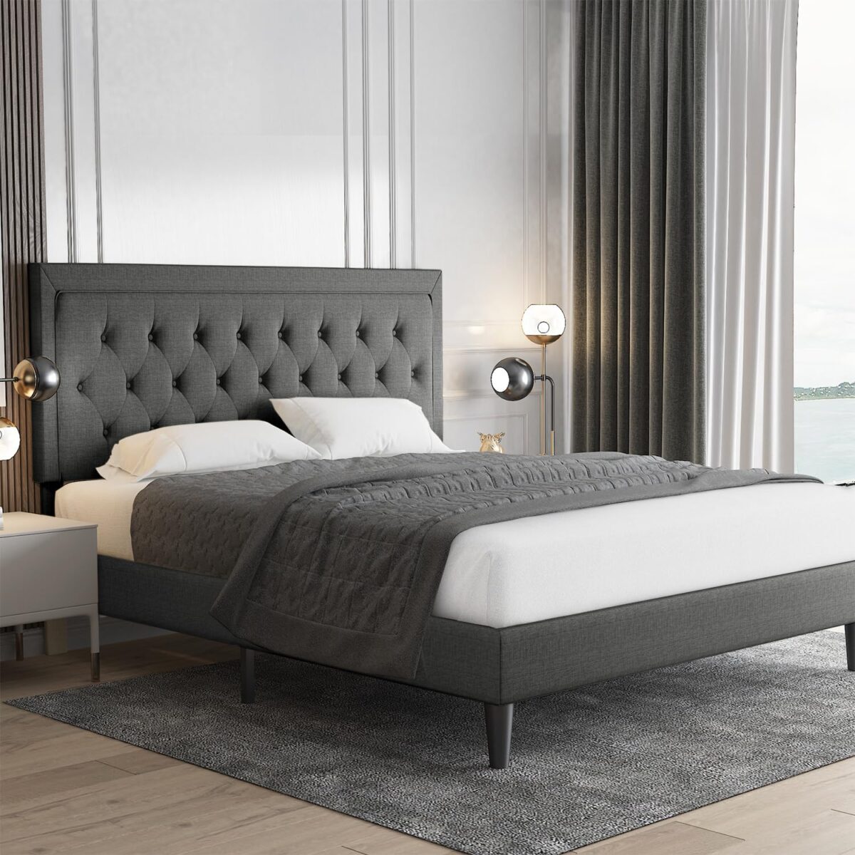 Allewie Queen Size Button Tufted/Fabric Upholstered Bed Frame with Adjustable Headboard/Wood Slat Support/Mattress Foundation/Dark Grey