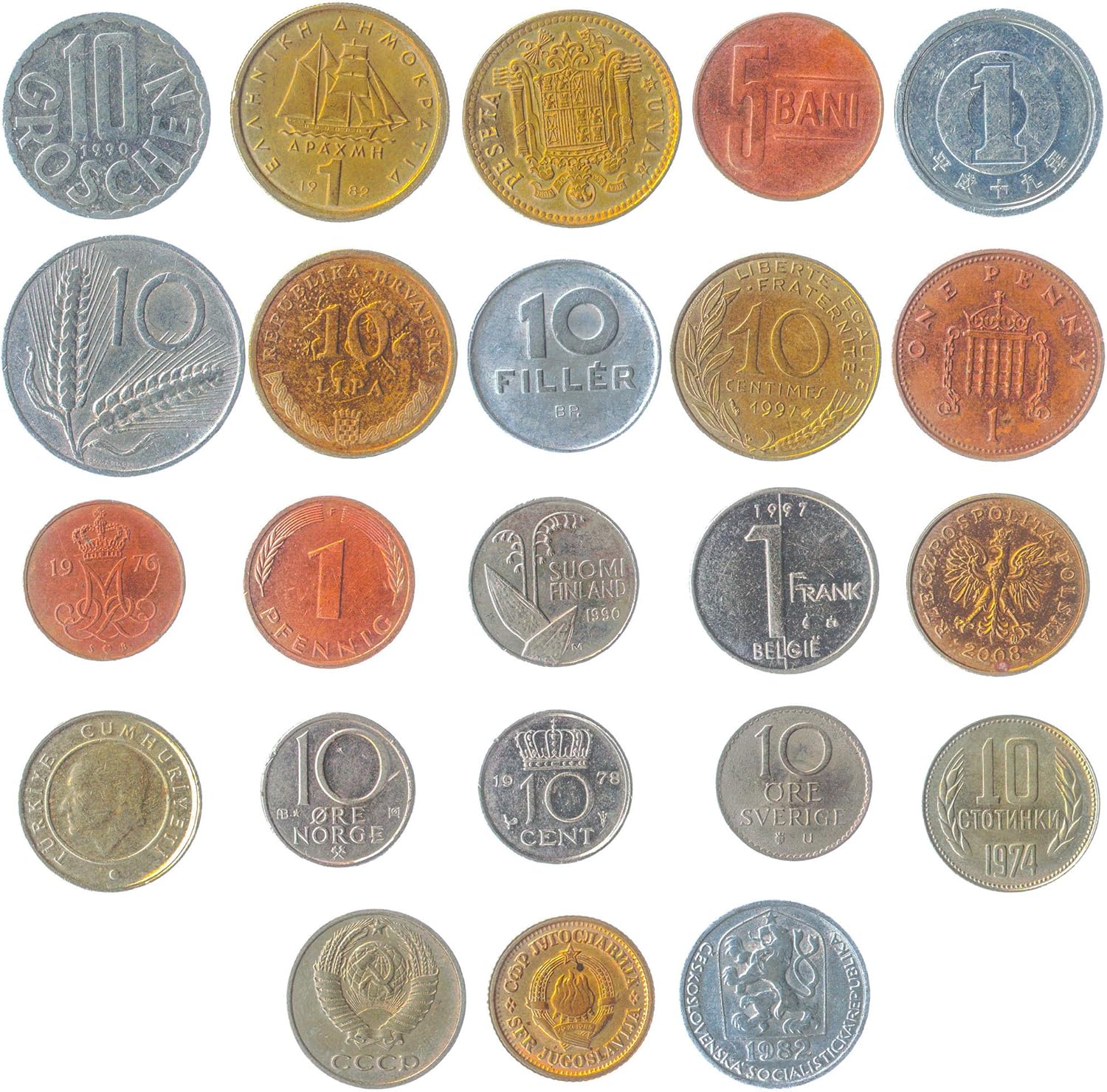 Set of 23 Coins from 23 Different Countries Coins LOT, Old Collectible Coins