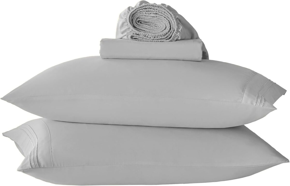 Light Grey Full Size Bed Sheet Sets-Deep Pocket Fitted Sheet & Pillowcase Sets-4 Piece Soft Cooling Microfiber Bedsheets for Double Bed
