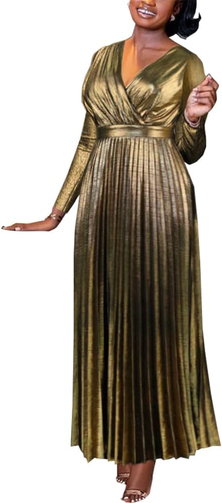 AOMEI Women's Luxury Metallic V Neck Long Sleeve Elegant Pleated Maxi Dress
