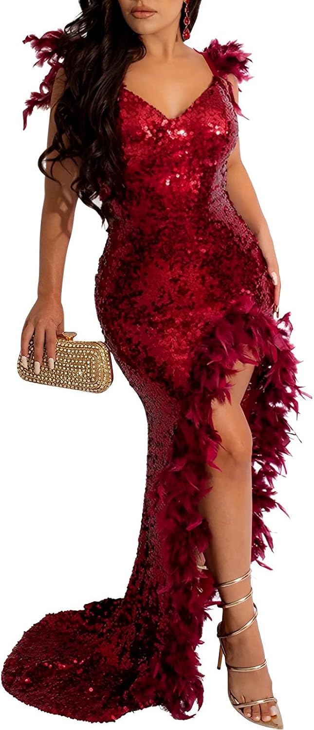 ENOPINK Women's Sexy Sequin Feather Prom Dresses 2025 High Slit Deep V Neck Evening Formal Masquerade Ball Gown Maxi Dress