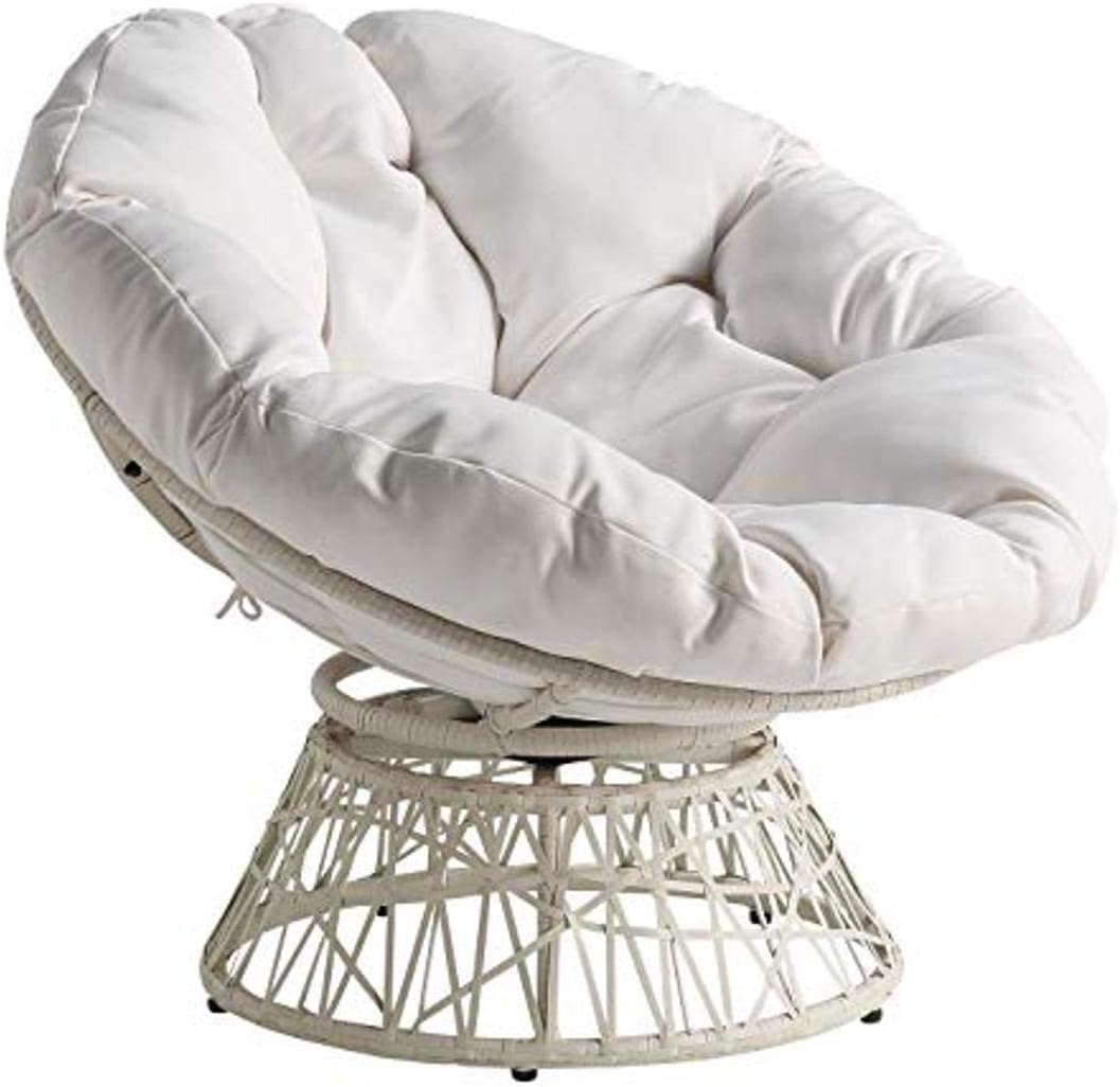 OSP Home Furnishings Wicker Papasan Chair with 360-Degree Swivel, White Frame with White Cushion