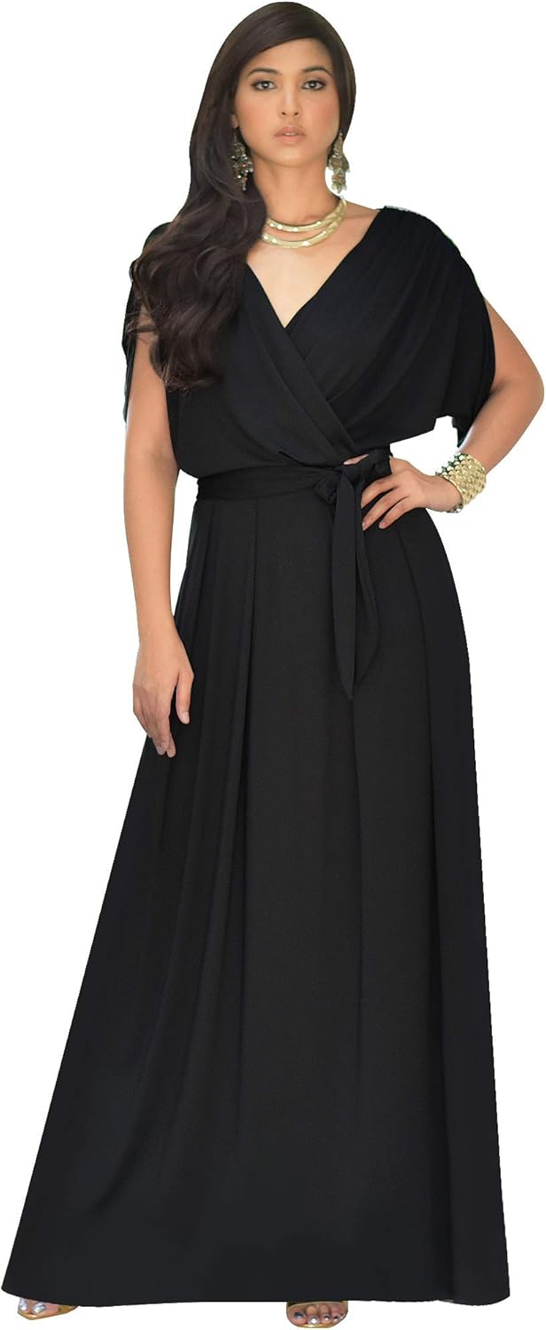 KOH KOH Womens Long Semi-Formal Short Sleeve V-Neck Floor Length Maxi Dress Gown