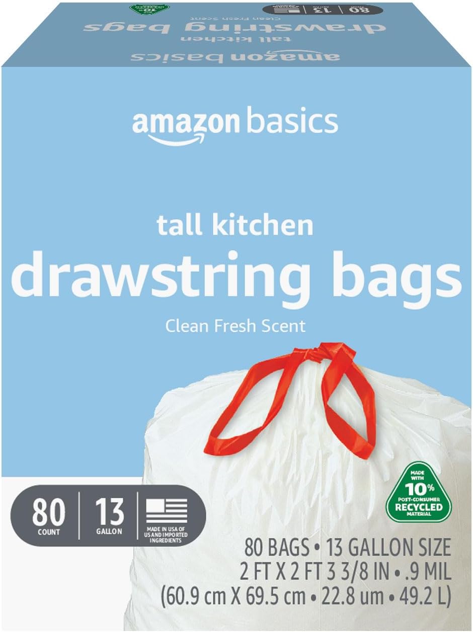 Amazon Basics - Tall Kitchen Trash Bags, 13 Gallon, 10% Post Consumer Recycled Content, Clean Fresh Scent, 80 Count, Pack of 1
