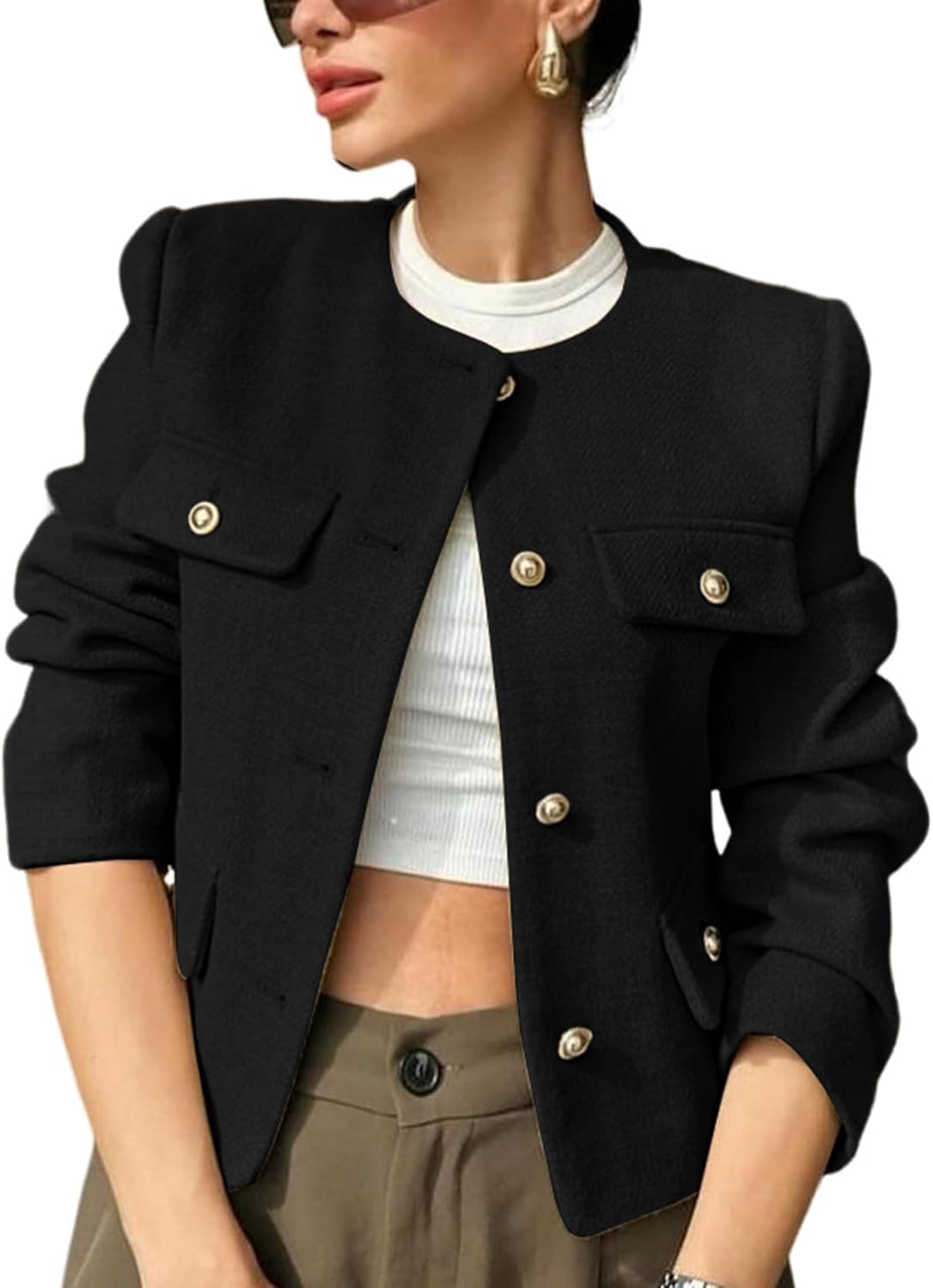 Women’s Cropped Tweed Blazers Jacket Collarless Long Sleeve Business Button Down Casual Cardigan Outerwear Blazer