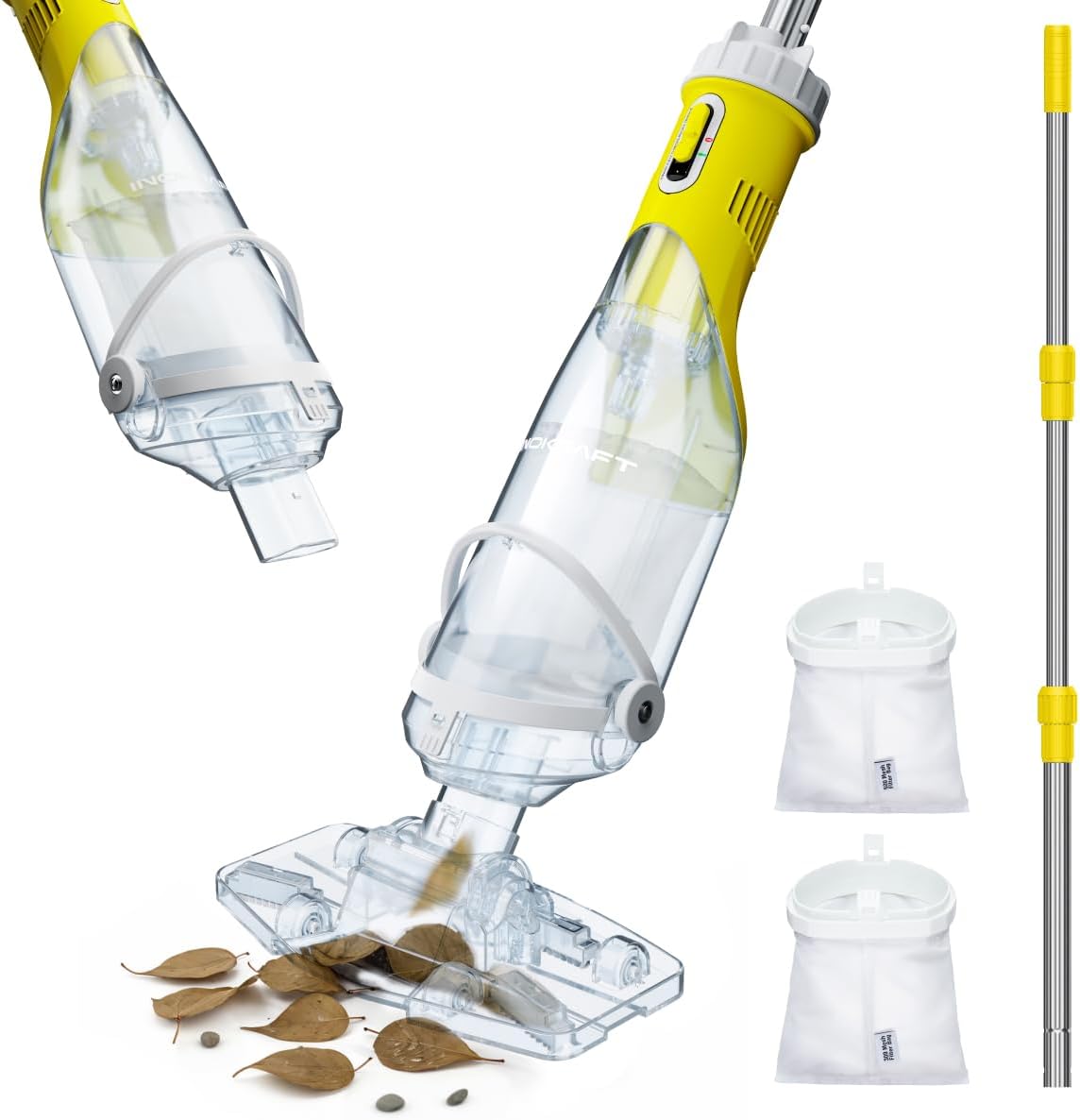 InoKraft Cordless Pool Vacuum Cleaner, Rechargeable, Handheld Pool Vacuum for Above Ground and Inground Pools, Transparent Head, 59” Extendable Pole, for Leaves, Debris, Shallow Steps, Yellow