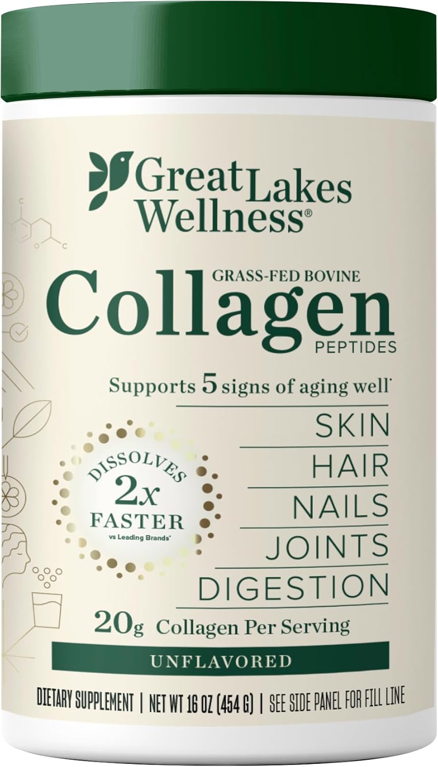 Great Lakes Wellness Collagen Peptides Powder for Skin, Hair, Nails, Joints & Digestion - Unflavored - Quick Dissolve Hydrolyzed, Non-GMO, Keto, Kosher - 16oz